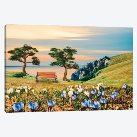 A Wooden Bench Under The Trees In A Clearing Of Flowering Crocuses Canvas Print #IVG397} by Ievgeniia Bidiuk Canvas Art Print