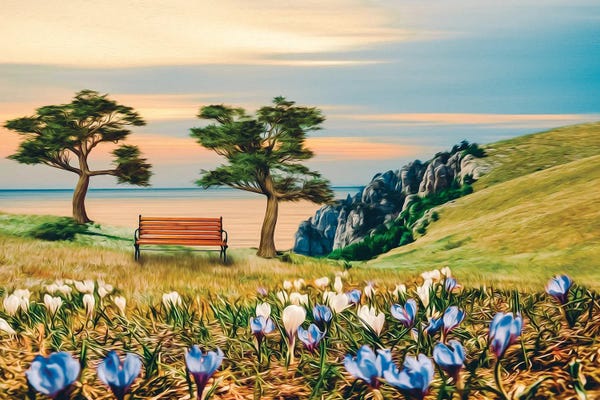 Ievgeniia Bidiuk: A Wooden Bench Under The Trees In A Clearing Of Flowering Crocuses by Ievgeniia Bidiuk
