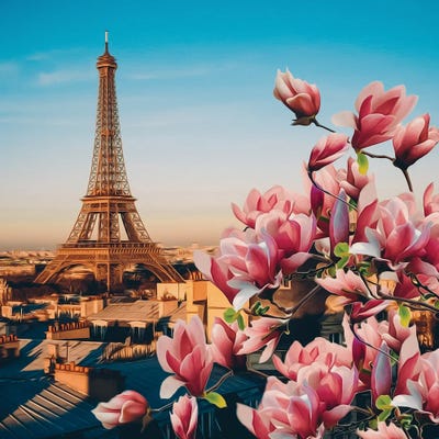 Large Pink Magnolia Blossoms Against A Backdrop Of Paris by Ievgeniia Bidiuk art print
