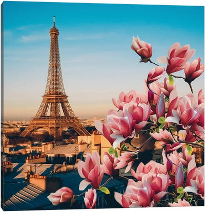Large Pink Magnolia Blossoms Against A Backdrop Of Paris Canvas Art Print - Magnolia Art