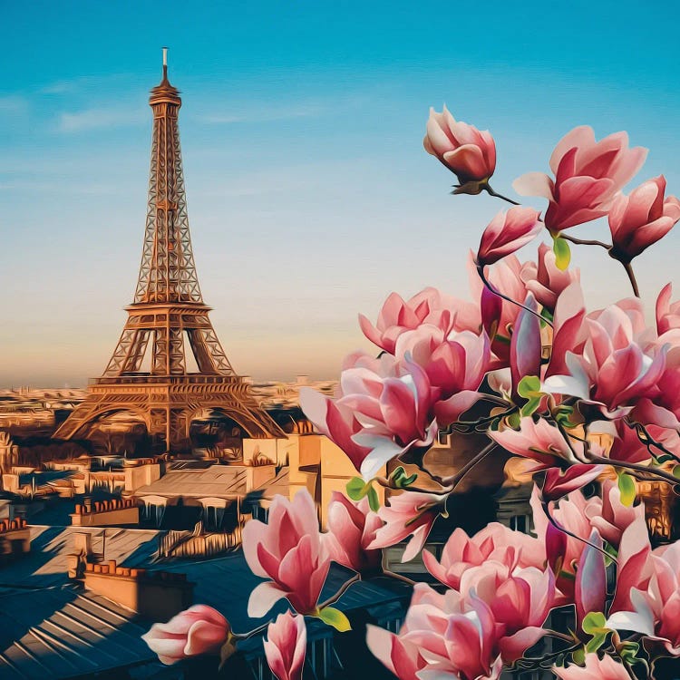 Large Pink Magnolia Blossoms Against A Backdrop Of Paris by Ievgeniia Bidiuk wall art