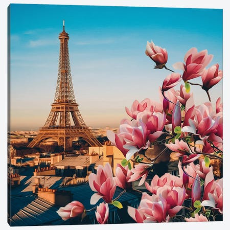 Large Pink Magnolia Blossoms Against A Backdrop Of Paris Canvas Print #IVG399} by Ievgeniia Bidiuk Canvas Art