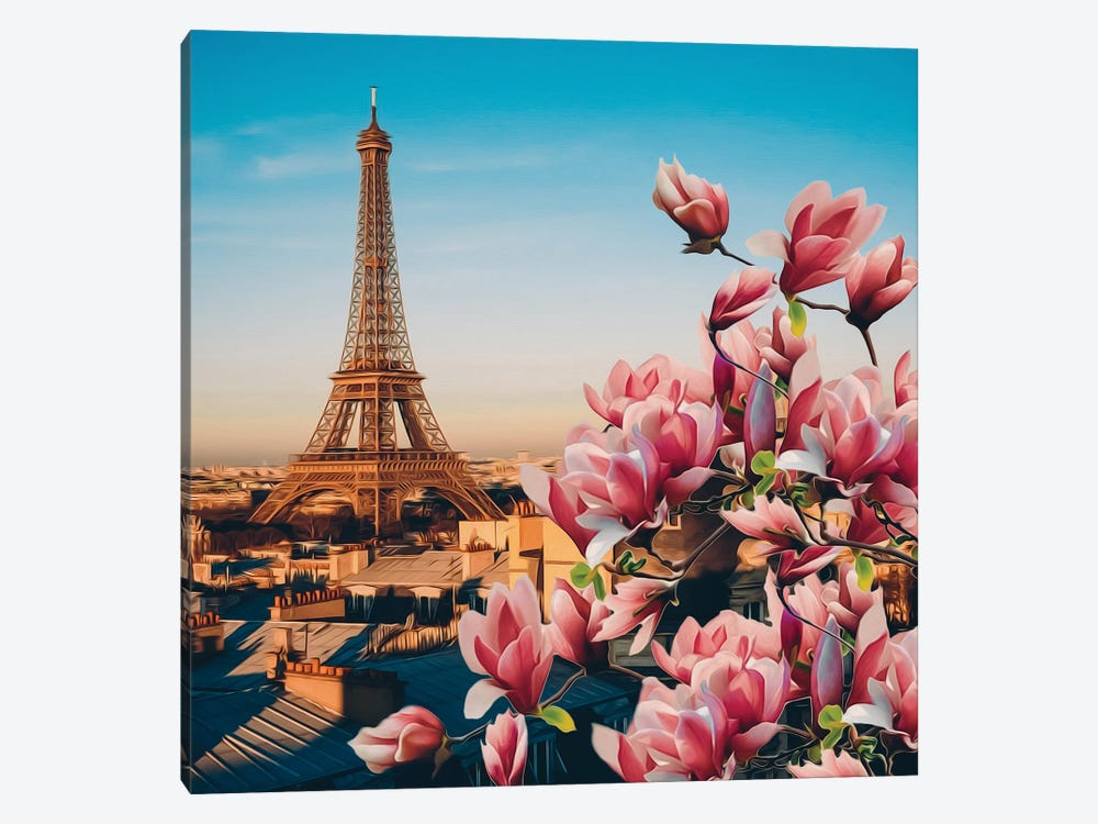 Large Pink Magnolia Blossoms Against A Backdrop Of Paris by Ievgeniia Bidiuk 1-piece Canvas Artwork