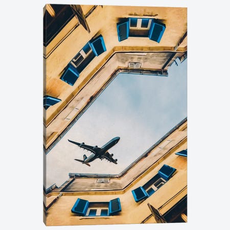 A Plane Flies Over The Houses Of The Old Town Canvas Print #IVG400} by Ievgeniia Bidiuk Canvas Artwork