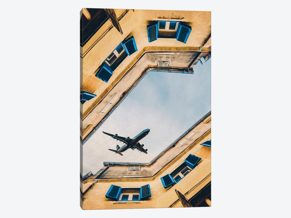 A Plane Flies Over The Houses Of The Old Town by Ievgeniia Bidiuk 1-piece Canvas Art Print
