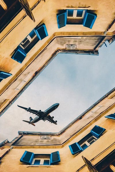 Ievgeniia Bidiuk: A Plane Flies Over The Houses Of The Old Town by Ievgeniia Bidiuk