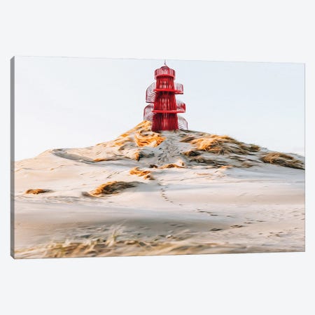 Red Lighthouse Tower On The Sandy Shore Of The Ocean Canvas Print #IVG402} by Ievgeniia Bidiuk Canvas Wall Art