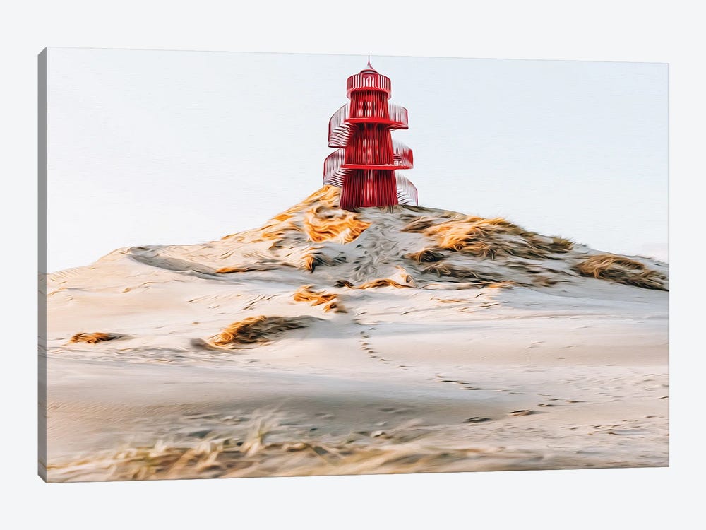 Red Lighthouse Tower On The Sandy Shore Of The Ocean by Ievgeniia Bidiuk 1-piece Art Print
