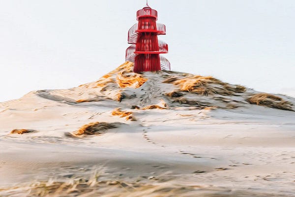 Ievgeniia Bidiuk: Red Lighthouse Tower On The Sandy Shore Of The Ocean by Ievgeniia Bidiuk