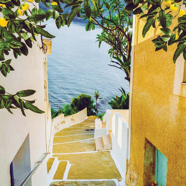 Ievgeniia Bidiuk: A Narrow Street In The Old Town Leading To The Sea by Ievgeniia Bidiuk