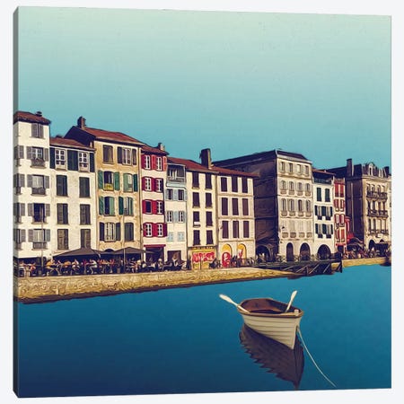 A Boat With Oars In The Water In Front Of The Old Town Canvas Print #IVG411} by Ievgeniia Bidiuk Canvas Art Print
