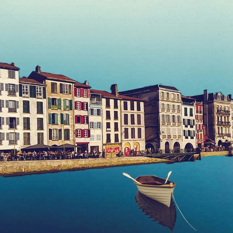 A Boat With Oars In The Water In Front Of The Old Town