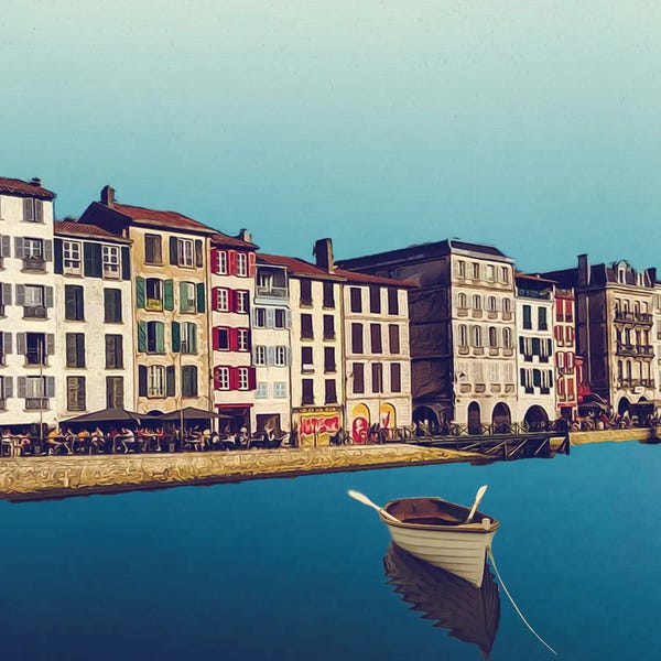 Ievgeniia Bidiuk: A Boat With Oars In The Water In Front Of The Old Town by Ievgeniia Bidiuk