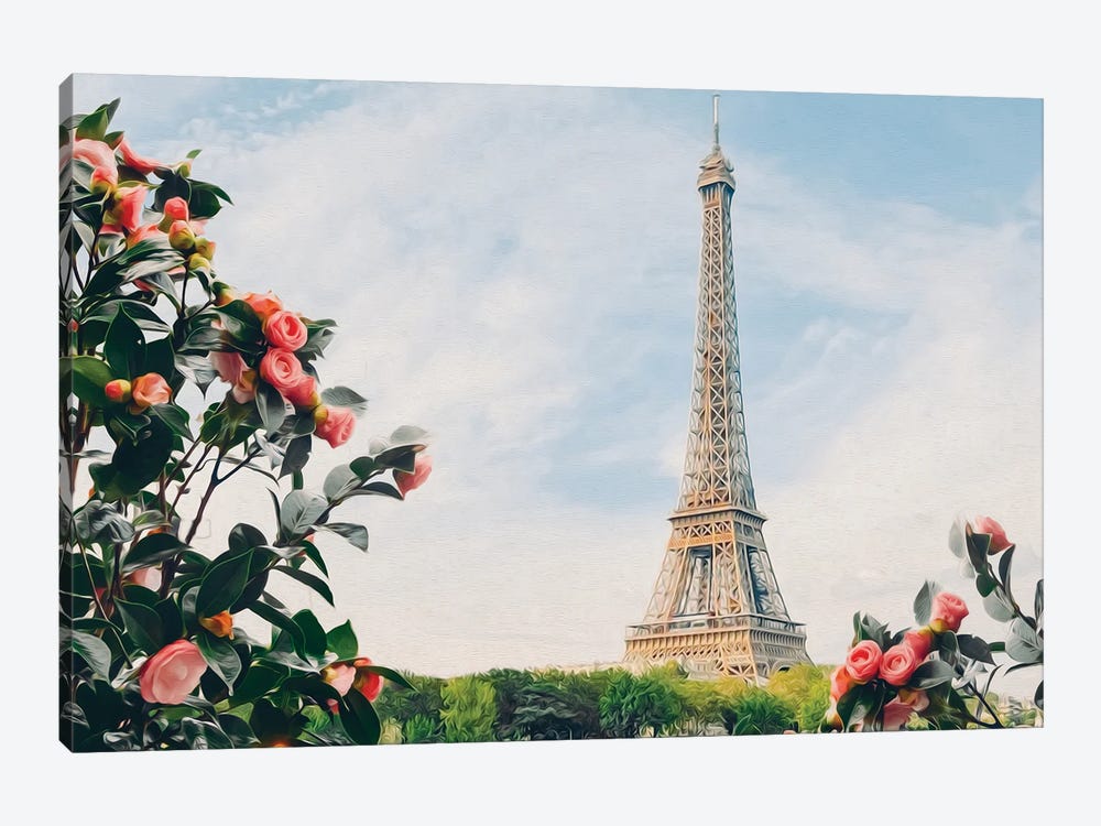 Red Rose Bushes In The Background Of Paris by Ievgeniia Bidiuk 1-piece Art Print