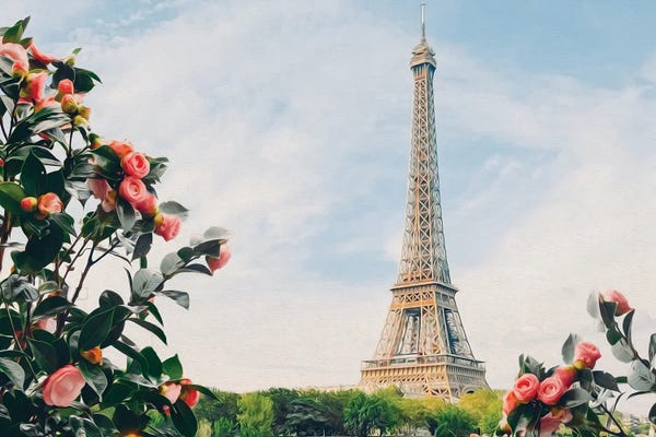 Ievgeniia Bidiuk: Red Rose Bushes In The Background Of Paris by Ievgeniia Bidiuk