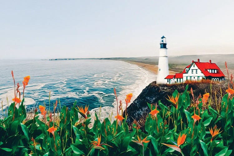 Blooming Strelitzia Against The Background Of The Lighthouse On The Rocky Shore