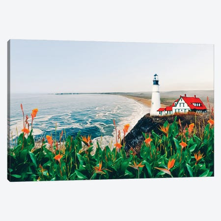 Blooming Strelitzia Against The Background Of The Lighthouse On The Rocky Shore Canvas Print #IVG418} by Ievgeniia Bidiuk Canvas Art Print