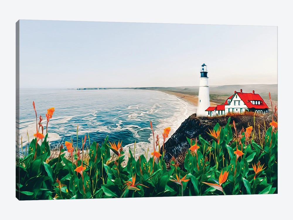Blooming Strelitzia Against The Background Of The Lighthouse On The Rocky Shore by Ievgeniia Bidiuk 1-piece Canvas Art