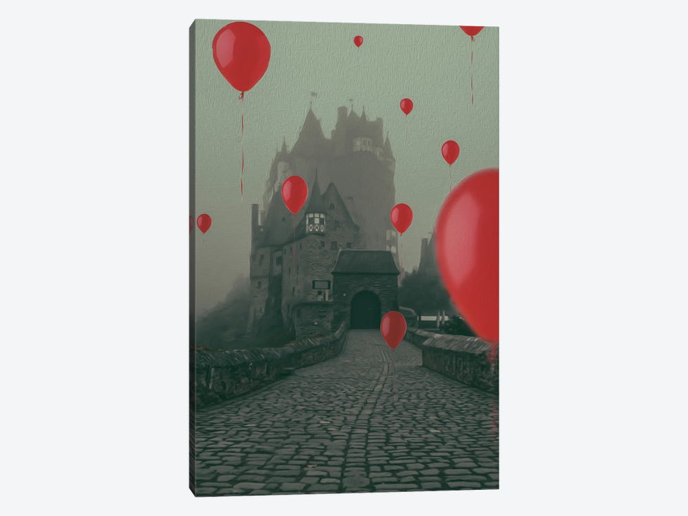 Red Balloons Flying Over An Ancient Castle by Ievgeniia Bidiuk 1-piece Canvas Print