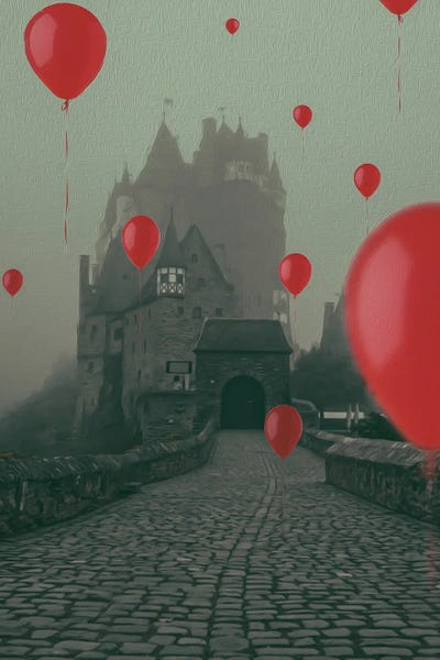 Ievgeniia Bidiuk: Red Balloons Flying Over An Ancient Castle by Ievgeniia Bidiuk