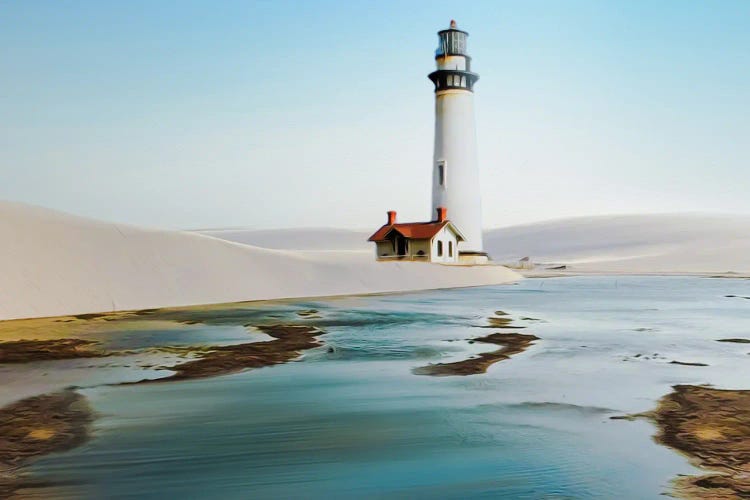 A Lighthouse With A House On A Sandy Beach By The Sea