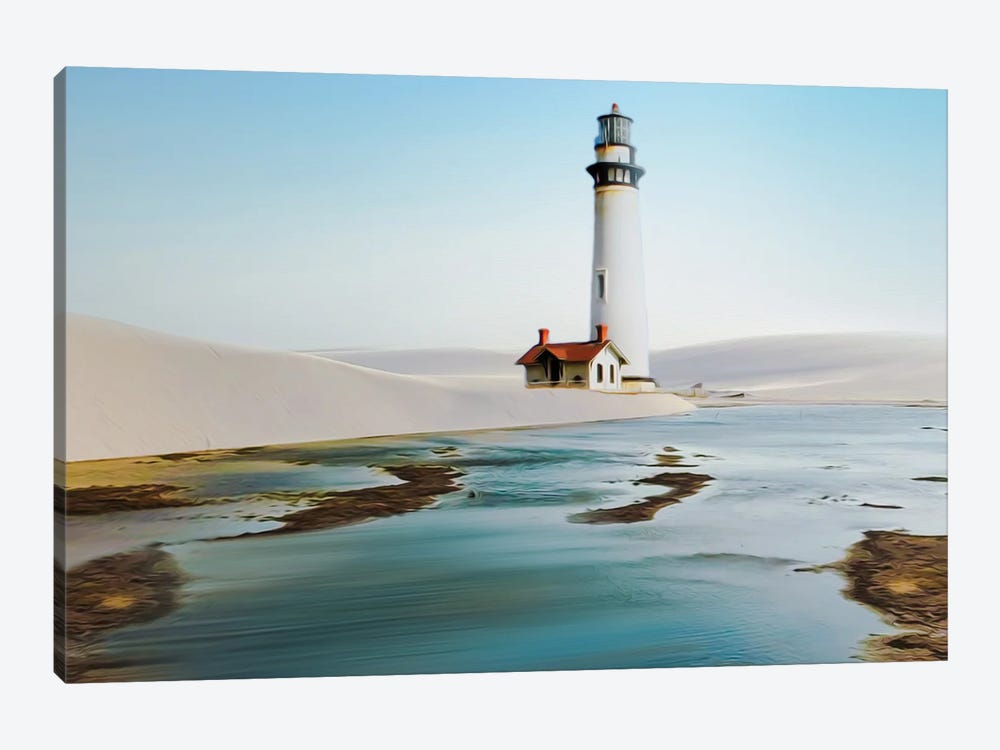 A Lighthouse With A House On A Sandy Beach By The Sea by Ievgeniia Bidiuk 1-piece Canvas Art Print
