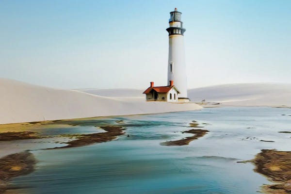 Ievgeniia Bidiuk: A Lighthouse With A House On A Sandy Beach By The Sea by Ievgeniia Bidiuk