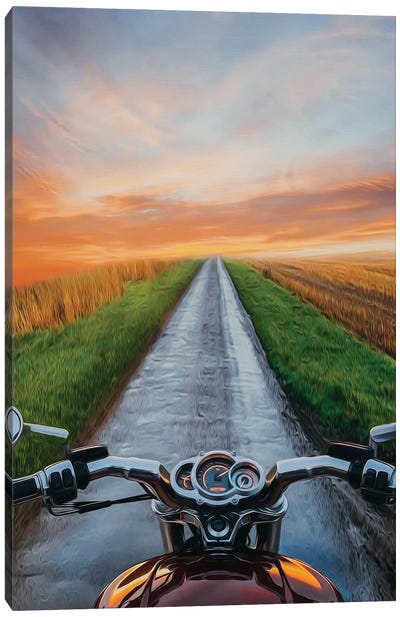 View From Motorcycle Driver Perspective In Sunset Canvas Art Print