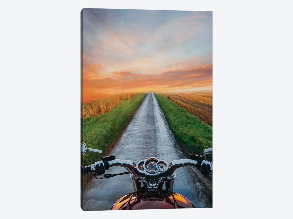 View From Motorcycle Driver Perspective In Sunset by Ievgeniia Bidiuk 1-piece Canvas Artwork