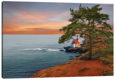A Cottage And A Big Tree On A Rocky Seashore Canvas Art Print - Cottagecore Goes Coastal