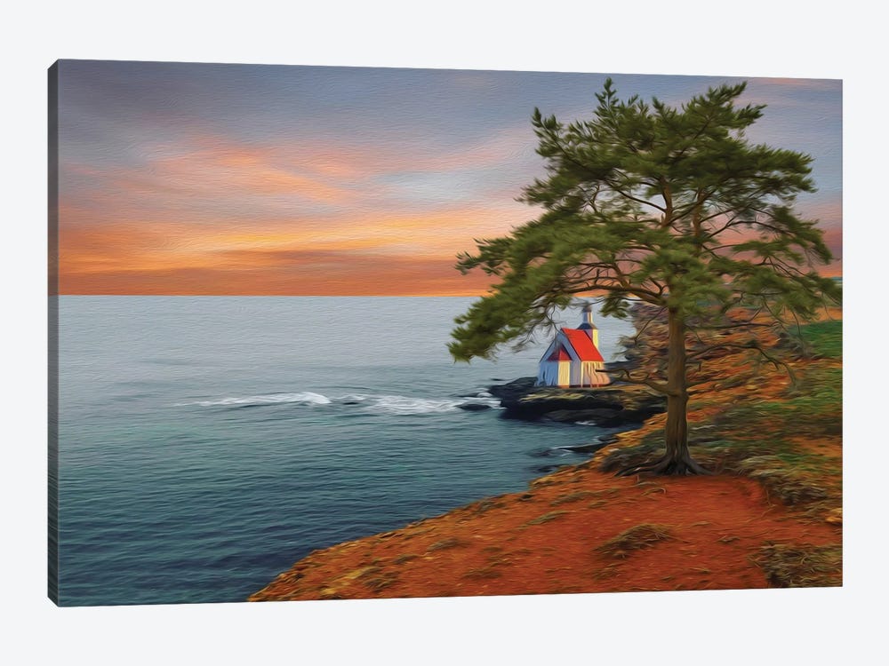 A Cottage And A Big Tree On A Rocky Seashore by Ievgeniia Bidiuk 1-piece Canvas Print