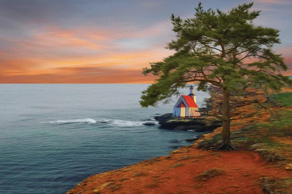 Ievgeniia Bidiuk: A Cottage And A Big Tree On A Rocky Seashore by Ievgeniia Bidiuk
