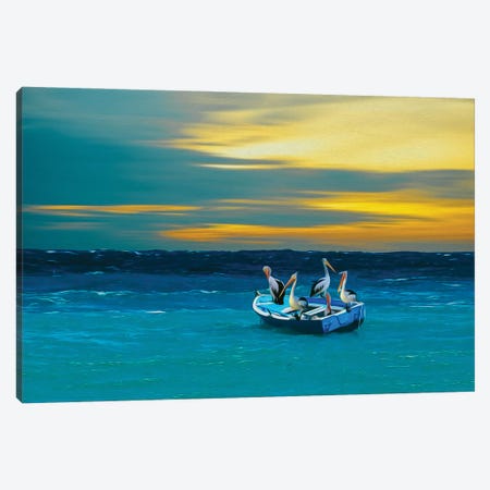 Pelicans Floating In A Boat On The Ocean Canvas Print #IVG427} by Ievgeniia Bidiuk Canvas Print