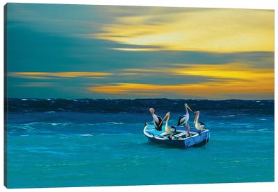 Pelicans Floating In A Boat On The Ocean Canvas Art Print - Pelican Art