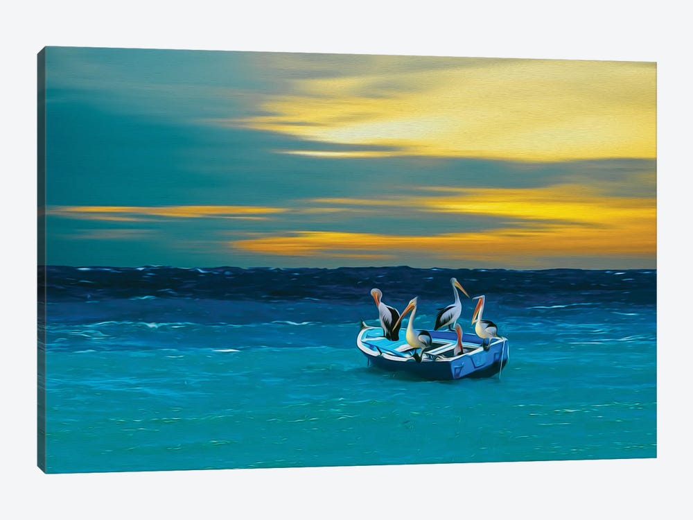 Pelicans Floating In A Boat On The Ocean by Ievgeniia Bidiuk 1-piece Canvas Art