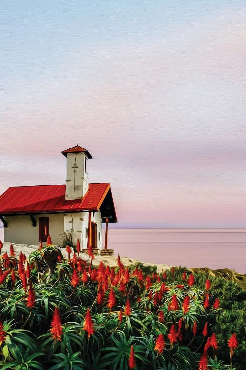 A Cottage In A Clearing With Red Flowers