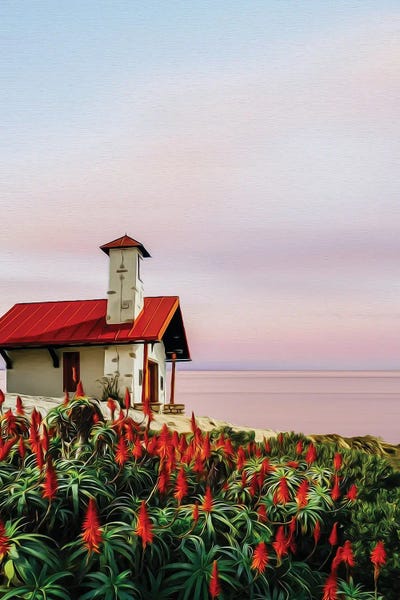 Ievgeniia Bidiuk: A Cottage In A Clearing With Red Flowers by Ievgeniia Bidiuk