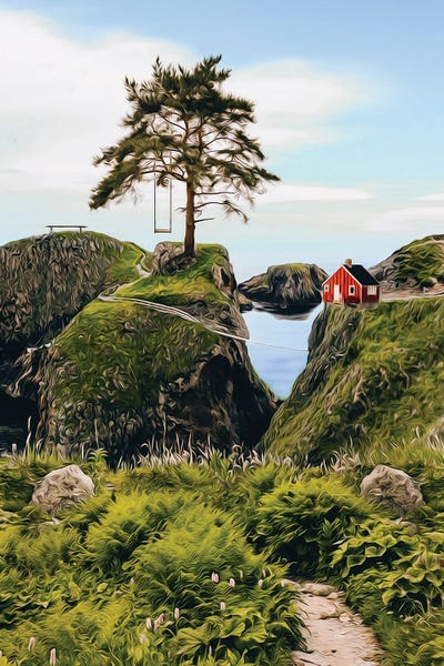 Ievgeniia Bidiuk: Landscape Showing A House On A Hill And A Tree With A Swing by Ievgeniia Bidiuk