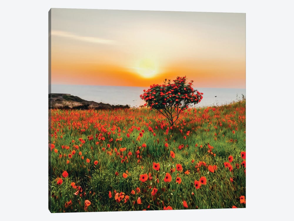 A Flowering Tree In A Clearing With Red Poppies by Ievgeniia Bidiuk 1-piece Canvas Artwork