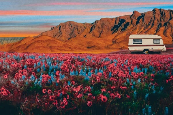 Adventure: A Trailer In A Flower Meadow In The Mountains by Ievgeniia Bidiuk
