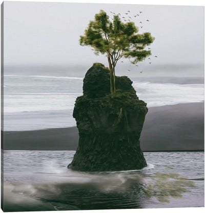 A Tree Growing On A Small Rock In The Open Ocean Canvas Art Print - Ievgeniia Bidiuk