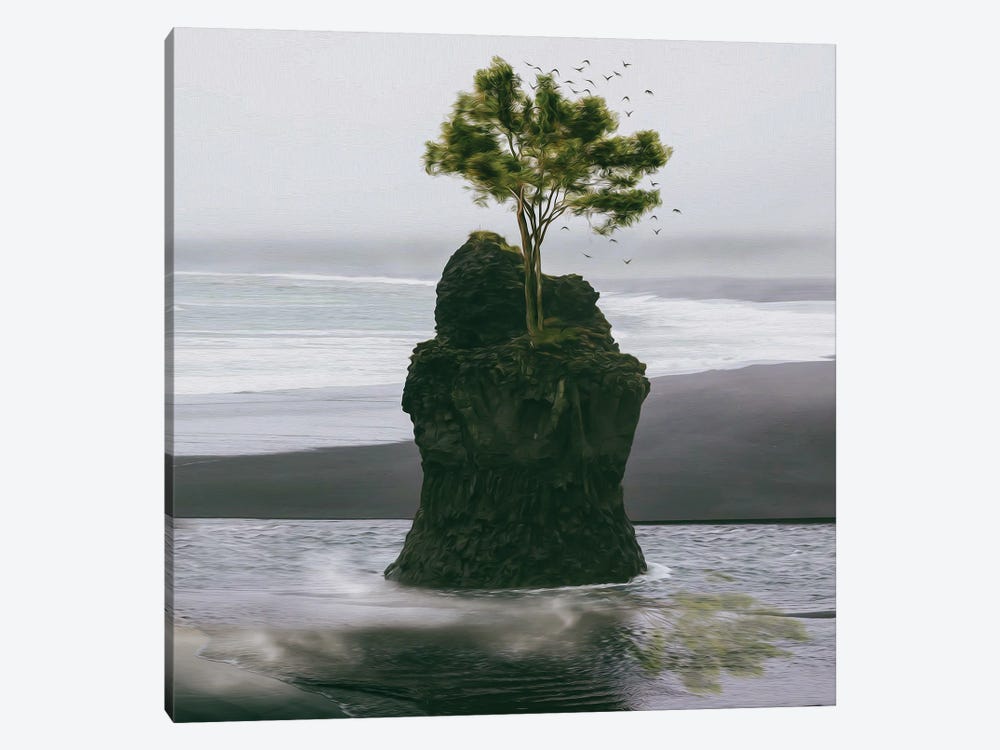 A Tree Growing On A Small Rock In The Open Ocean by Ievgeniia Bidiuk 1-piece Canvas Artwork