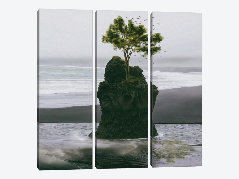 A Tree Growing On A Small Rock In The Open Ocean by Ievgeniia Bidiuk 3-piece Canvas Artwork