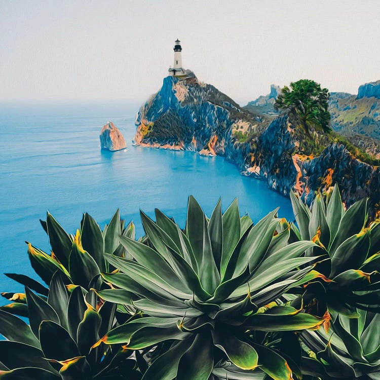 Yucca Bushes Against A Rocky Shore With A Lighthouse In The Background