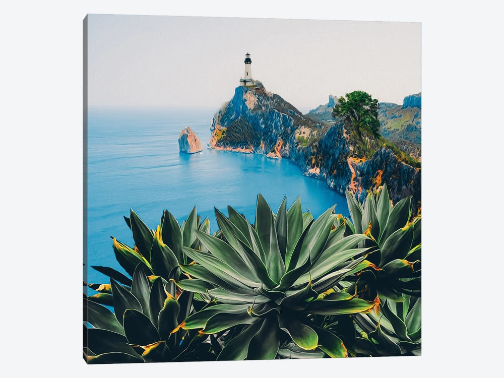 Yucca Bushes Against A Rocky Shore With A Lighthouse In The Background by Ievgeniia Bidiuk 1-piece Canvas Art