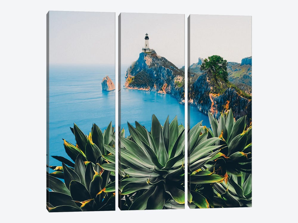 Yucca Bushes Against A Rocky Shore With A Lighthouse In The Background by Ievgeniia Bidiuk 3-piece Canvas Art