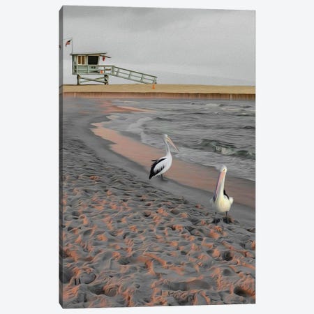 Two Pelicans On A Sandy Beach At Sunset Canvas Print #IVG440} by Ievgeniia Bidiuk Canvas Art