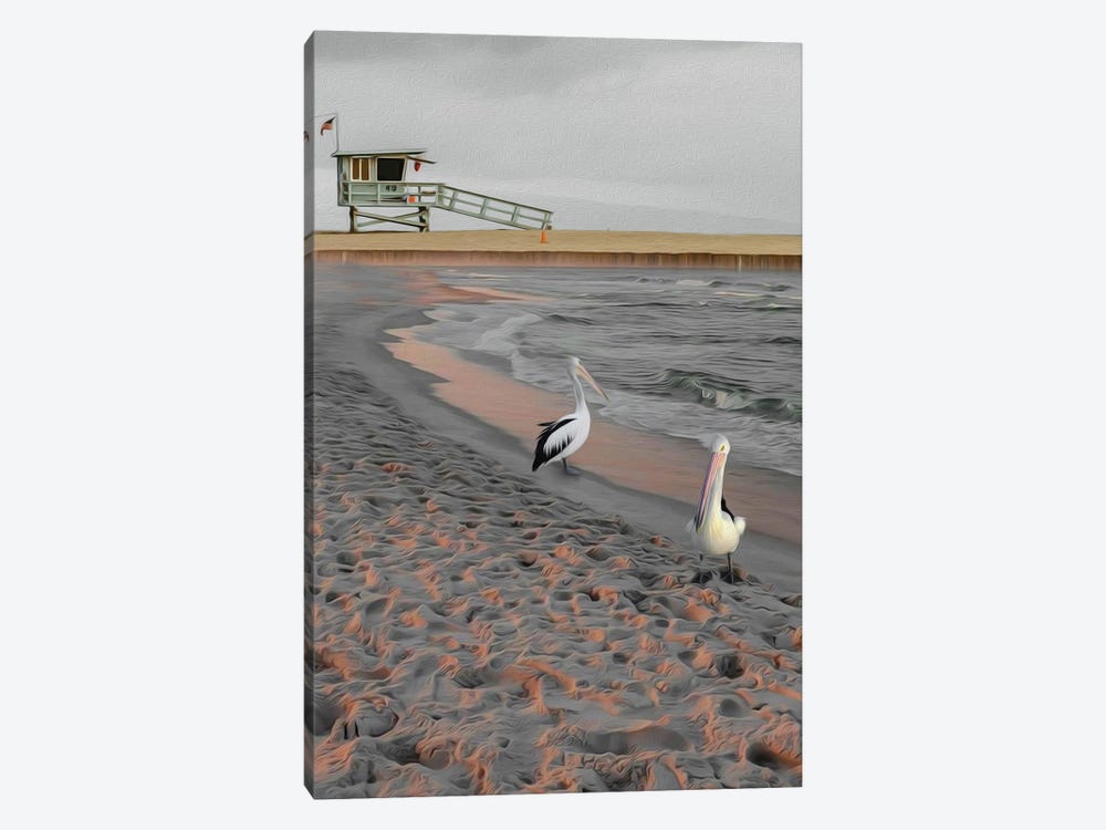 Two Pelicans On A Sandy Beach At Sunset by Ievgeniia Bidiuk 1-piece Canvas Print