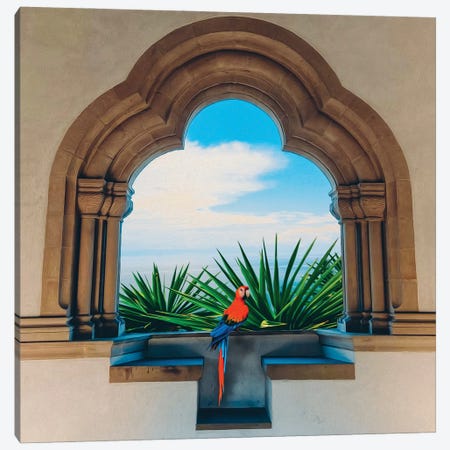 Ara's Red Parrot On The Ledge Of An Archway Overlooking The Sea Canvas Print #IVG441} by Ievgeniia Bidiuk Canvas Wall Art