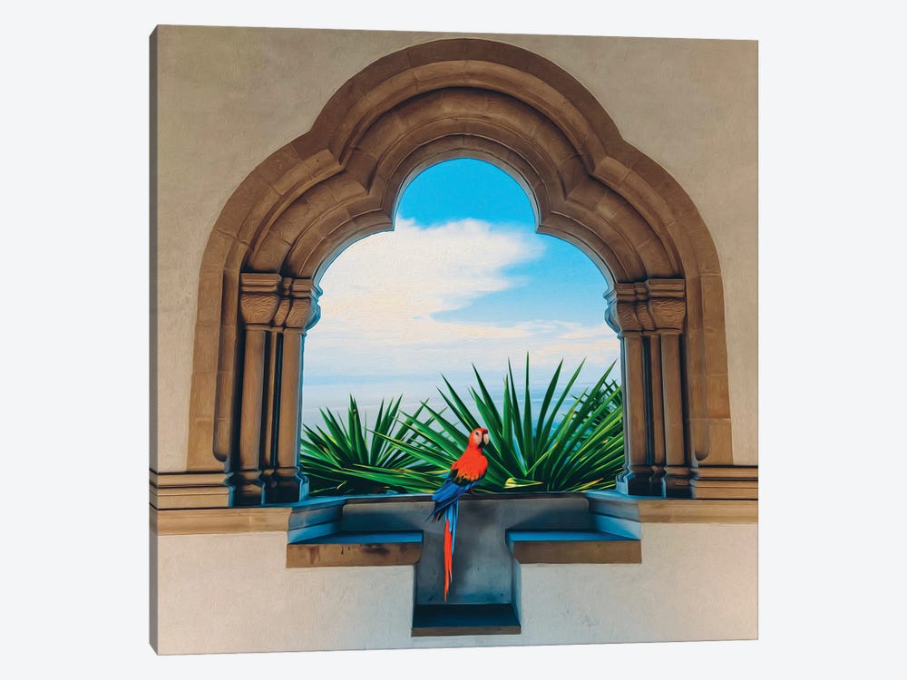 Ara's Red Parrot On The Ledge Of An Archway Overlooking The Sea by Ievgeniia Bidiuk 1-piece Canvas Wall Art